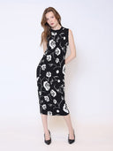 Rose Print Racer Neck Fitted Knit Midi Dress DRESS Gracia Fashion 