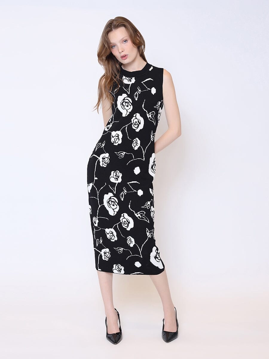 Rose Print Racer Neck Fitted Knit Midi Dress DRESS Gracia Fashion 