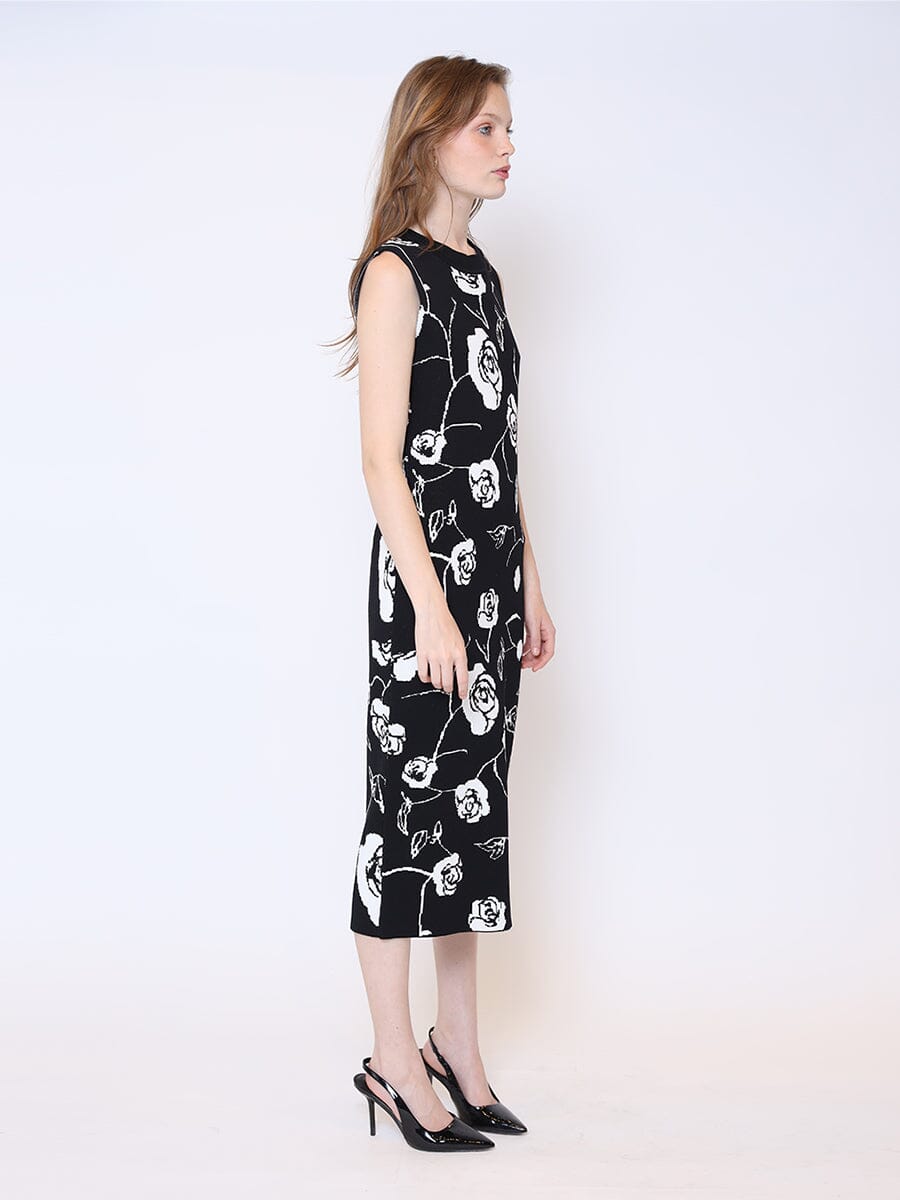 Rose Print Racer Neck Fitted Knit Midi Dress DRESS Gracia Fashion 