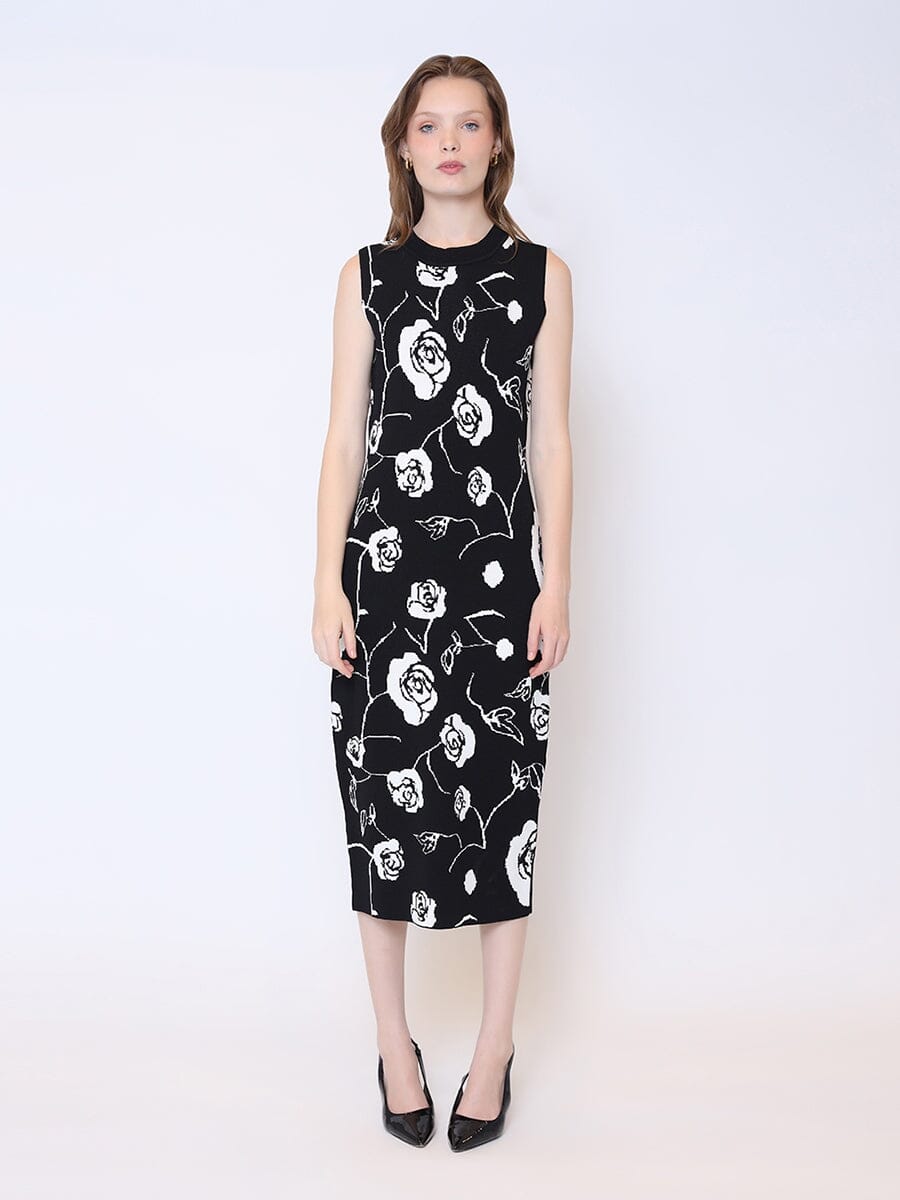 Rose Print Racer Neck Fitted Knit Midi Dress DRESS Gracia Fashion BLACK/WHITE S 