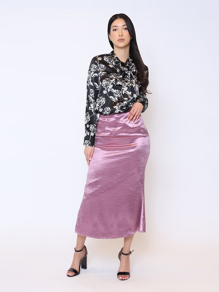 Rose Print Tie Neck Long Sleeve Blouse TOP Gracia Fashion BLACK S 