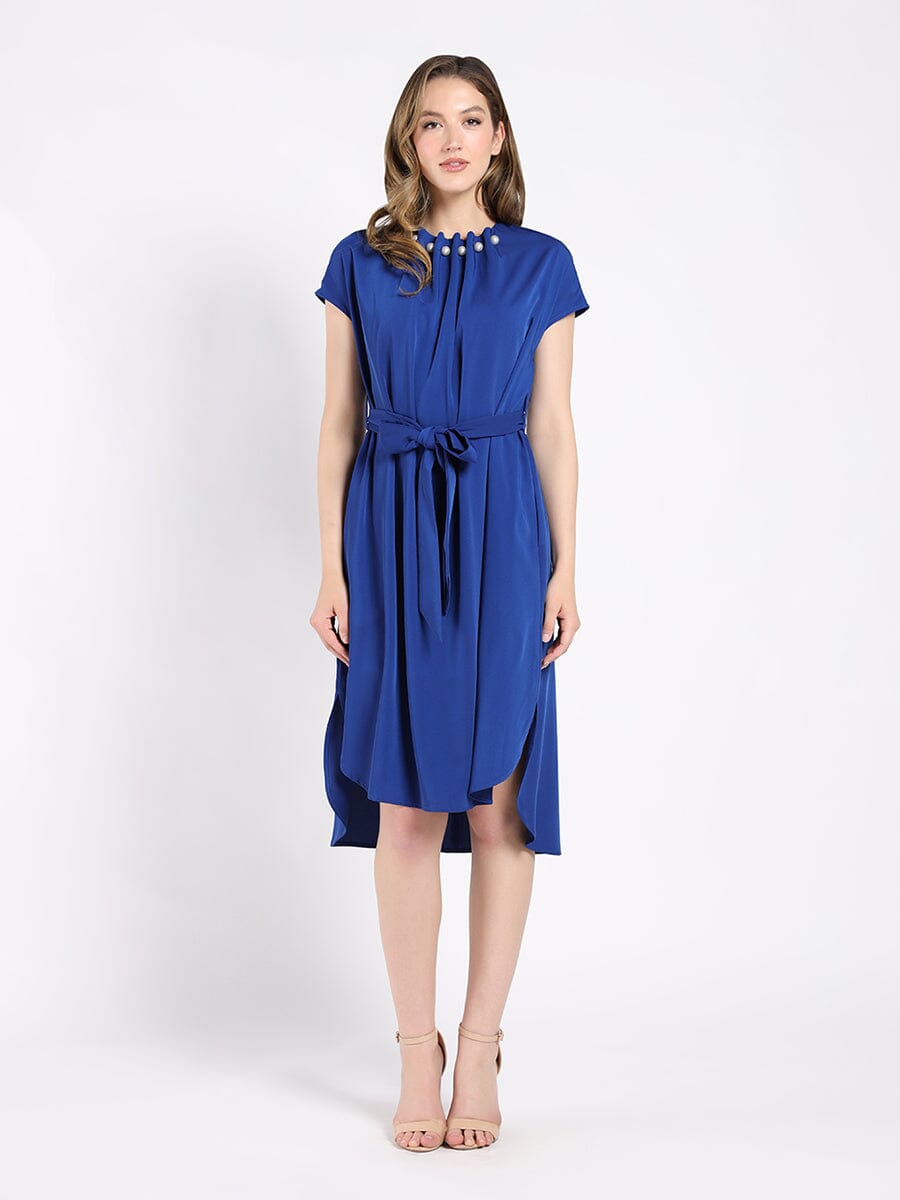 Round Neck Dress with Pearl Embellishment DRESS Gracia Fashion BLUE S 