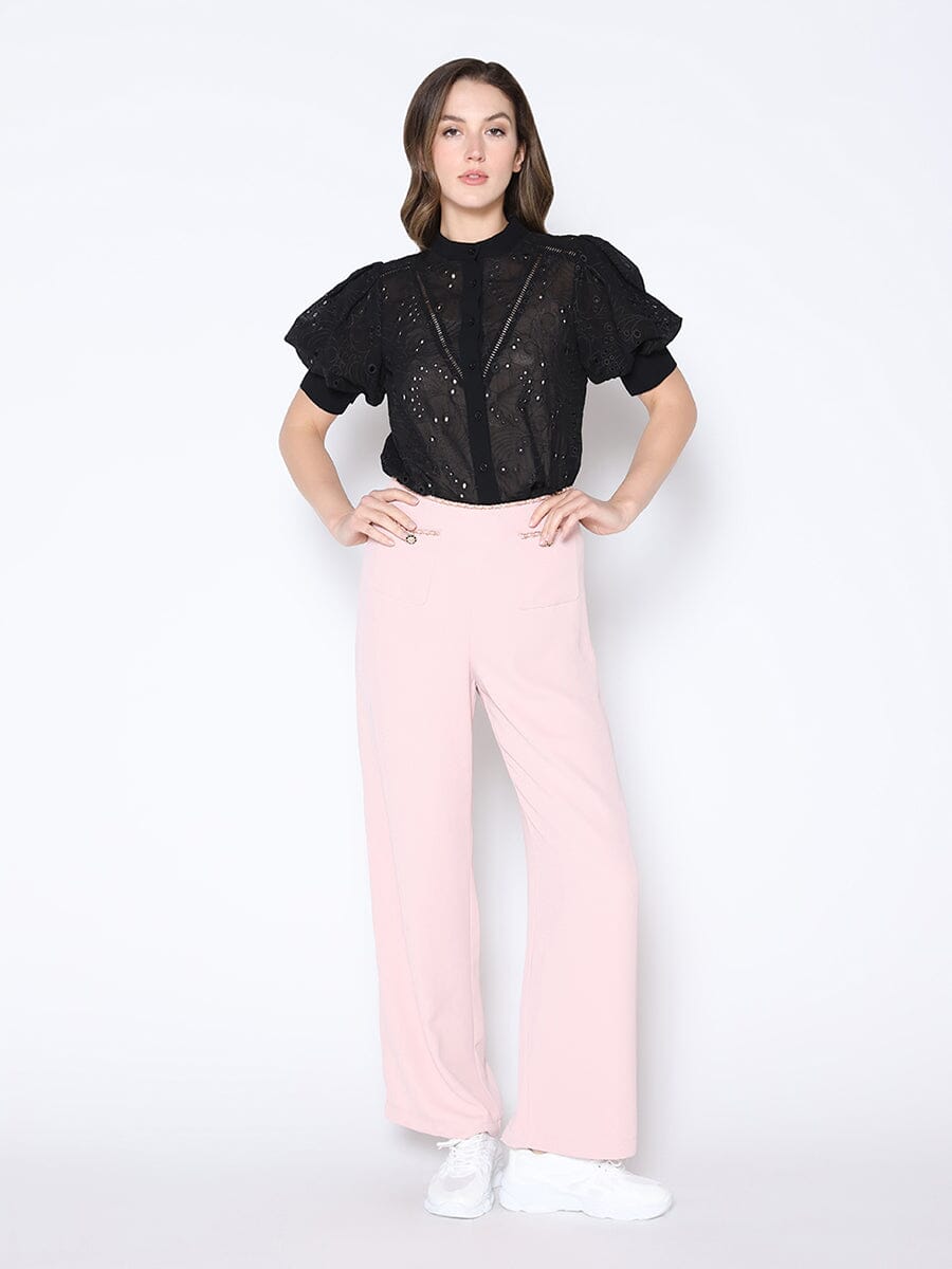 Round-Neck Puff Sleeve Eyelet Top TOP Gracia Fashion 