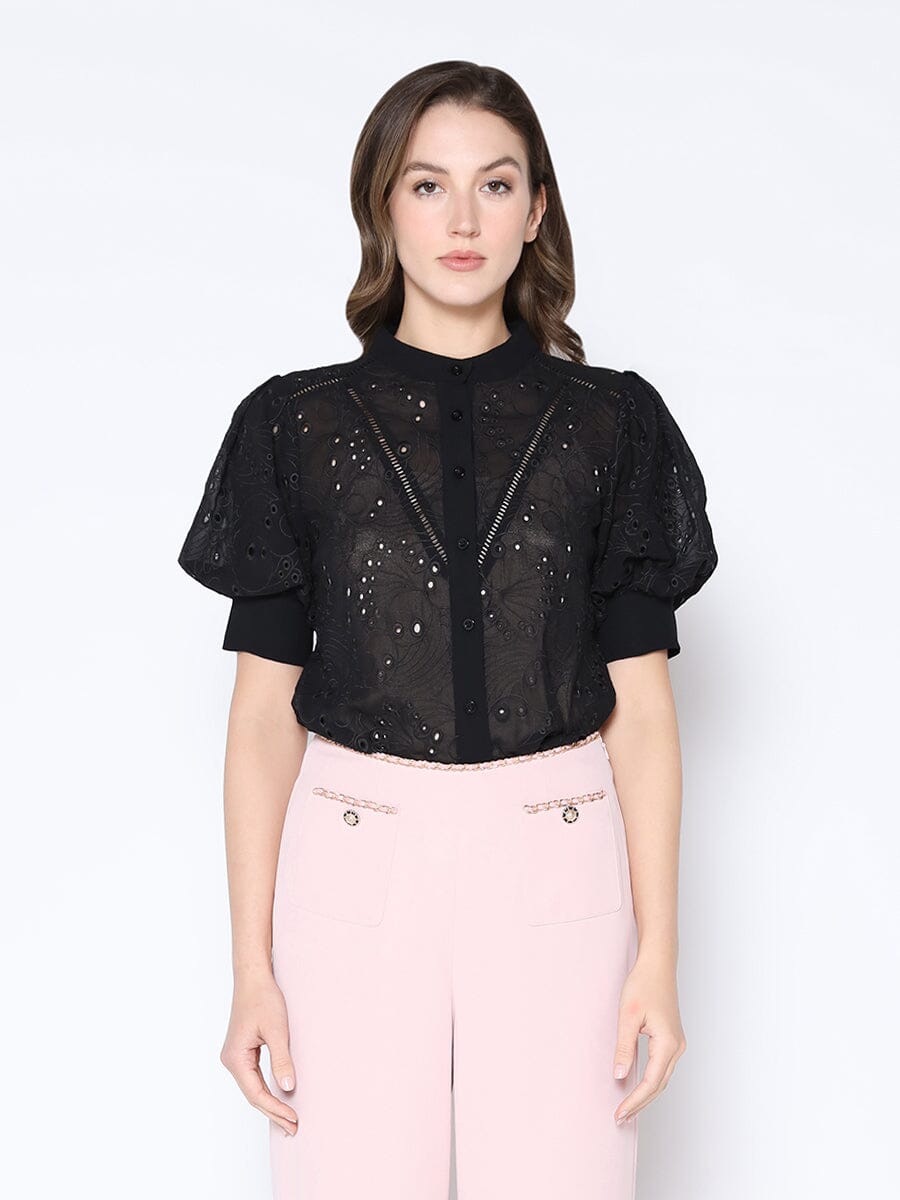 Round-Neck Puff Sleeve Eyelet Top TOP Gracia Fashion BLACK S 
