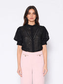 Round-Neck Puff Sleeve Eyelet Top TOP Gracia Fashion BLACK S 