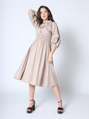 Ruched Puff Sleeve & Waist A Line Midi Dress DRESS Gracia Fashion 