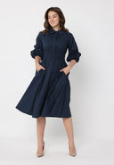 Ruched Puff Sleeve & Waist A Line Midi Dress DRESS Gracia Fashion 