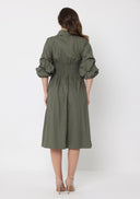 Ruched Puff Sleeve & Waist A Line Midi Dress DRESS Gracia Fashion 