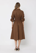 Ruched Puff Sleeve & Waist A Line Midi Dress DRESS Gracia Fashion 