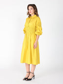 Ruched Puff Sleeve & Waist A Line Midi Dress DRESS Gracia Fashion 