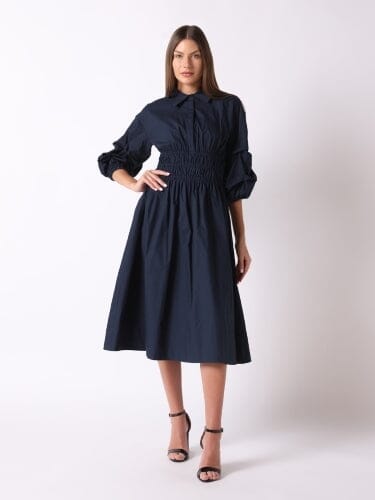 Ruched Puff Sleeve & Waist A Line Midi Dress DRESS Gracia Fashion NAVY S 