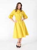 Ruched Puff Sleeve & Waist A Line Midi Dress DRESS Gracia Fashion 