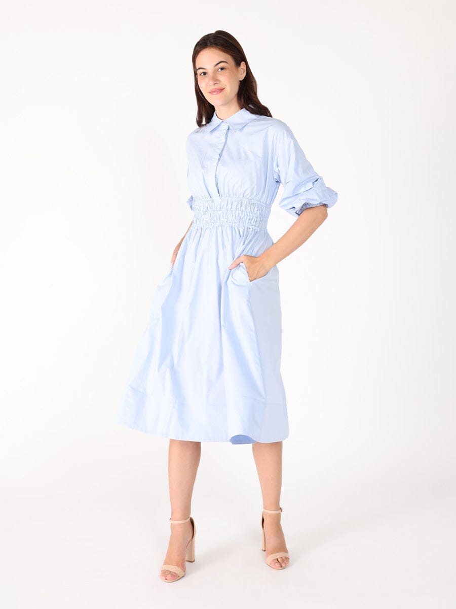 ruched puff sleeve poplin midi dress Puff Sleeve Ruched Bust Button Midi Dress Ooins