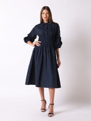 Ruched Puff Sleeve & Waist A Line Midi Dress DRESS Gracia Fashion 