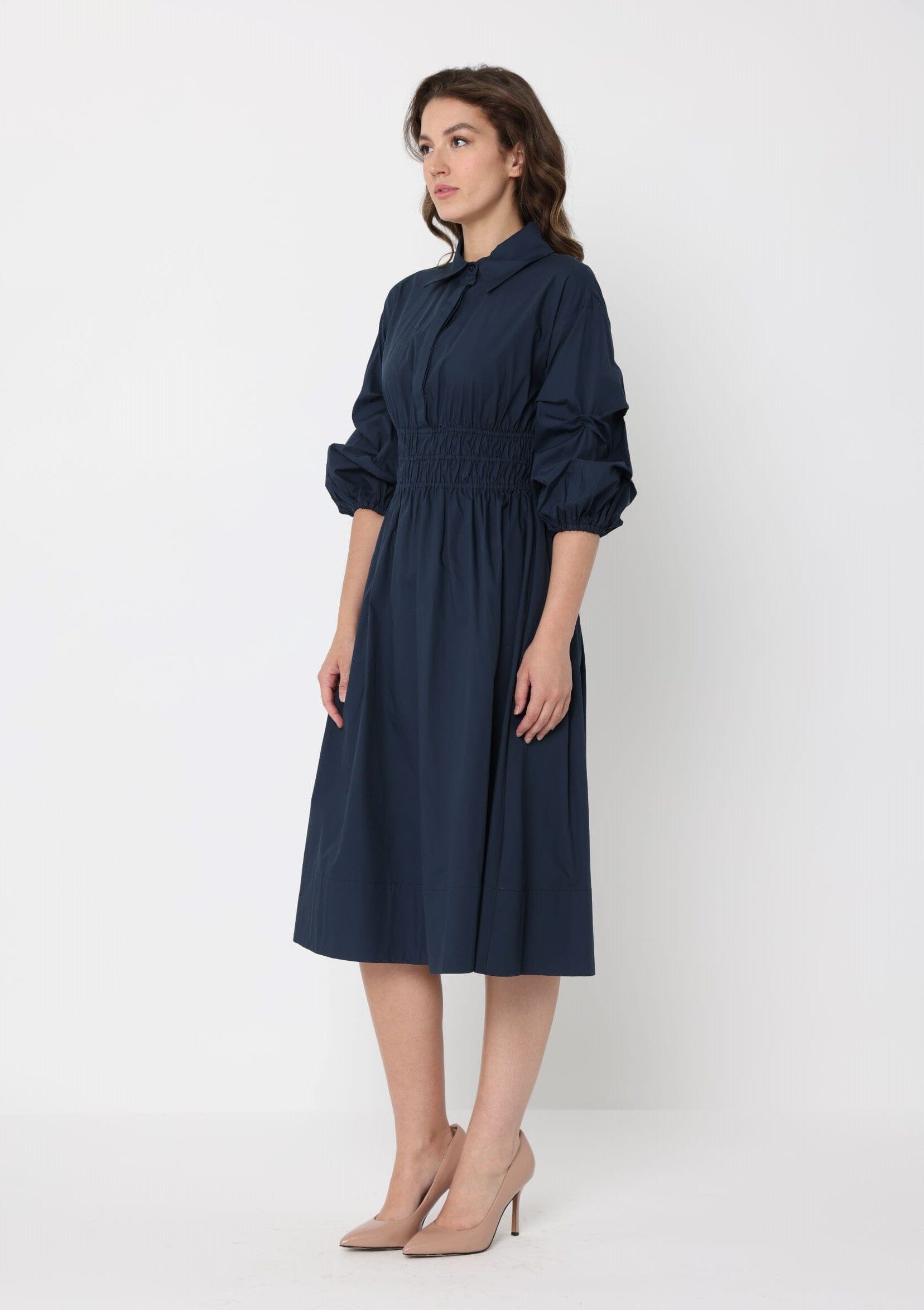 Ruched Puff Sleeve & Waist A Line Midi Dress – Gracia Fashion