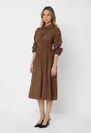 Ruched Puff Sleeve & Waist A Line Midi Dress DRESS Gracia Fashion 