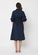 Ruched Puff Sleeve & Waist A Line Midi Dress DRESS Gracia Fashion 