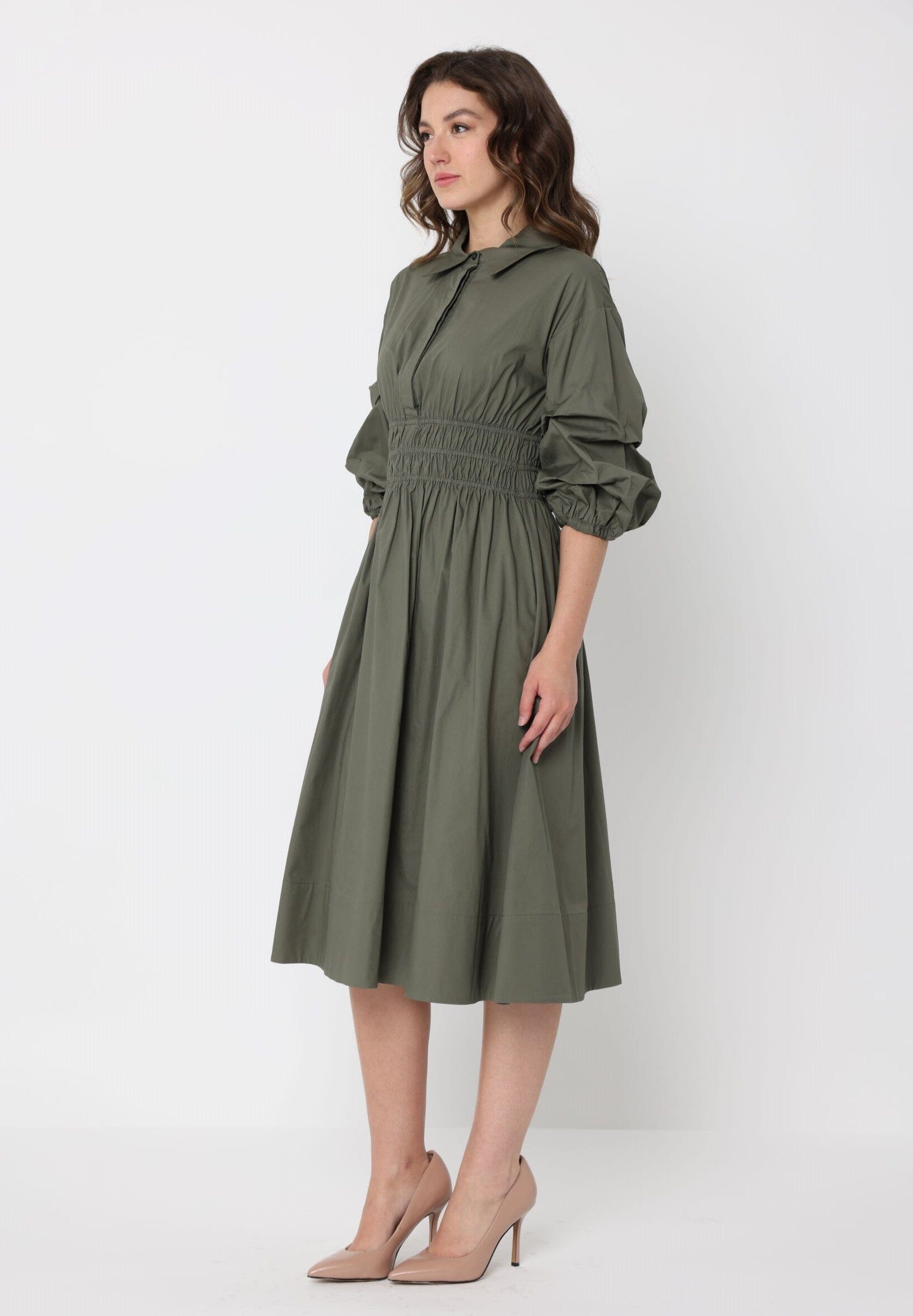 Ruched Puff Sleeve & Waist A Line Midi Dress – Gracia Fashion
