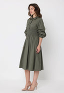 Ruched Puff Sleeve & Waist A Line Midi Dress DRESS Gracia Fashion 