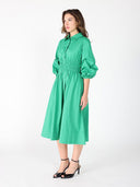 Ruched Puff Sleeve & Waist A Line Midi Dress DRESS Gracia Fashion 