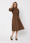 Ruched Puff Sleeve & Waist A Line Midi Dress DRESS Gracia Fashion 