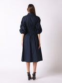 Ruched Puff Sleeve & Waist A Line Midi Dress DRESS Gracia Fashion 
