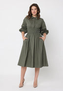 Ruched Puff Sleeve & Waist A Line Midi Dress DRESS Gracia Fashion 