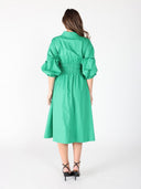 Ruched Puff Sleeve & Waist A Line Midi Dress DRESS Gracia Fashion 