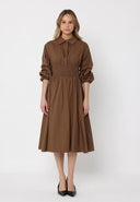 Ruched Puff Sleeve & Waist A Line Midi Dress DRESS Gracia Fashion BROWN S 