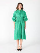 Ruched Puff Sleeve & Waist A Line Midi Dress DRESS Gracia Fashion GREEN S 