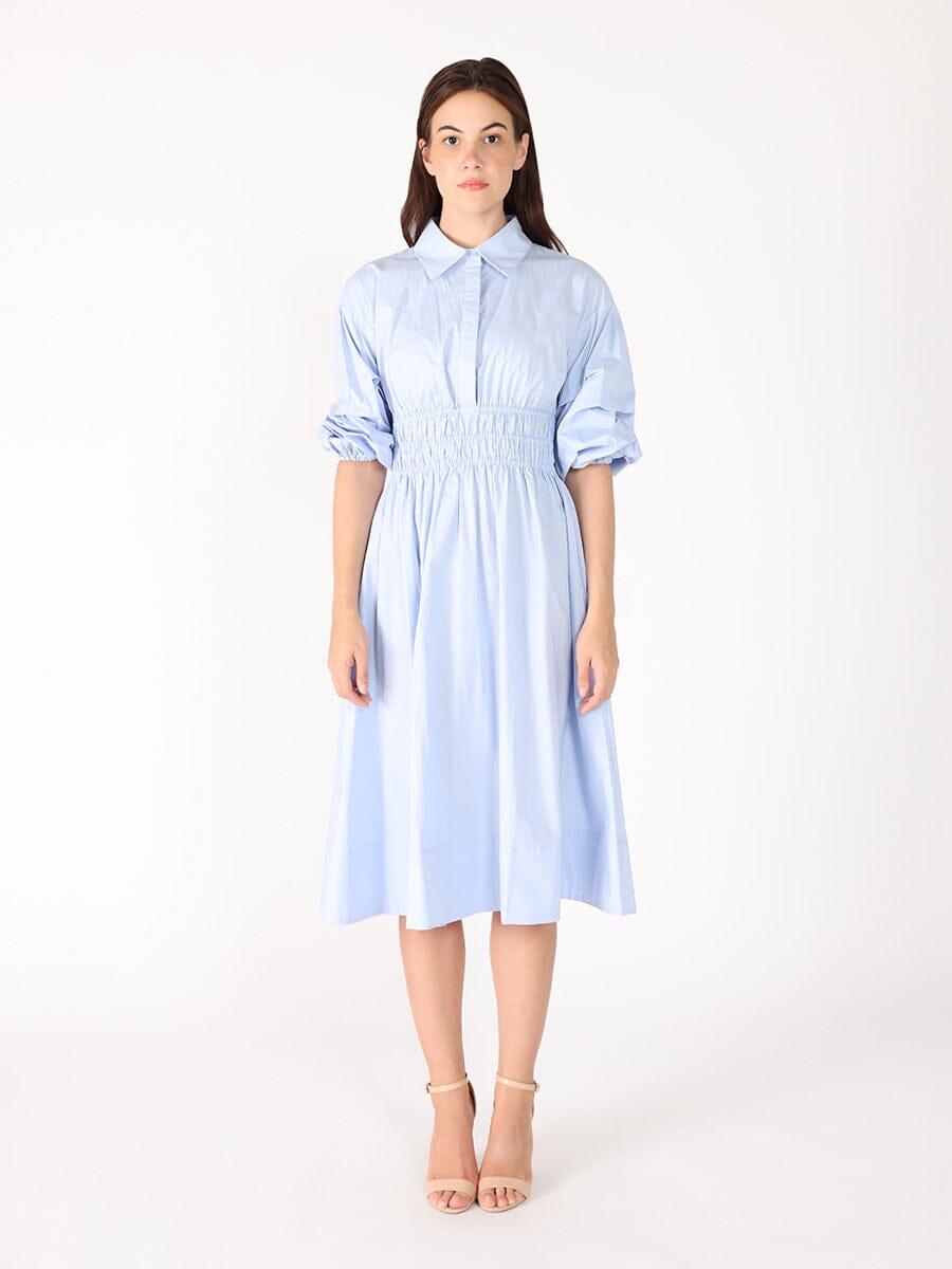ruched puff sleeve midi dress Landon 100% Cotton Ruched Puff Sleeve Ruffle Tiered Floral Midi Dress in Blue