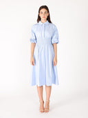 Ruched Puff Sleeve & Waist A Line Midi Dress DRESS Gracia Fashion L/BLUE S 