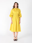 Ruched Puff Sleeve & Waist A Line Midi Dress DRESS Gracia Fashion MUSTARD S 