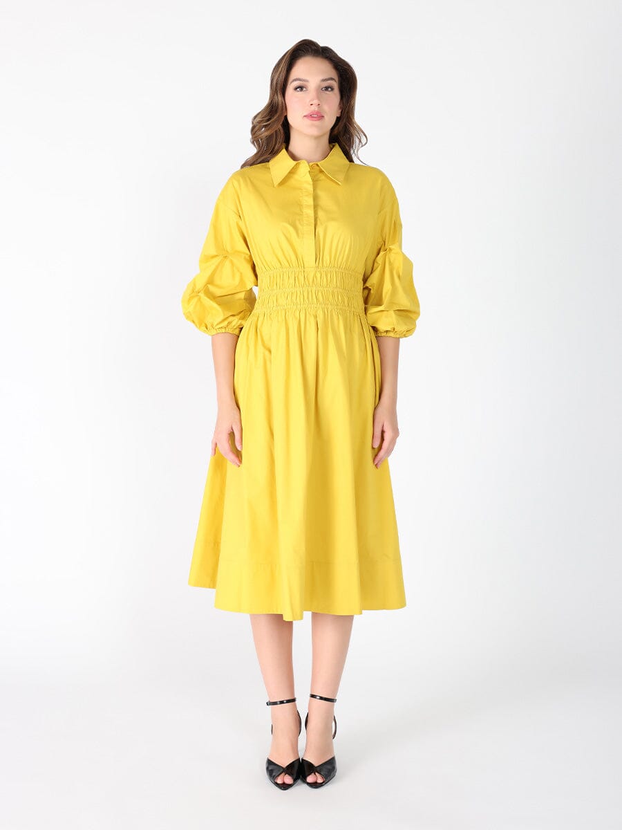 Ruched Puff Sleeve & Waist A Line Midi Dress  Gracia Fashion