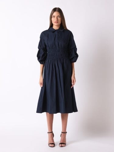 Ruched Puff Sleeve & Waist A Line Midi Dress DRESS Gracia Fashion NAVY S 