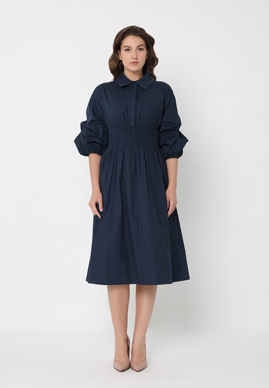 Ruched Puff Sleeve & Waist A Line Midi Dress – Gracia Fashion