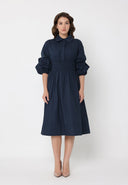 Ruched Puff Sleeve & Waist A Line Midi Dress DRESS Gracia Fashion NAVY S 