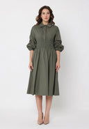 Ruched Puff Sleeve & Waist A Line Midi Dress DRESS Gracia Fashion OLIVE S 