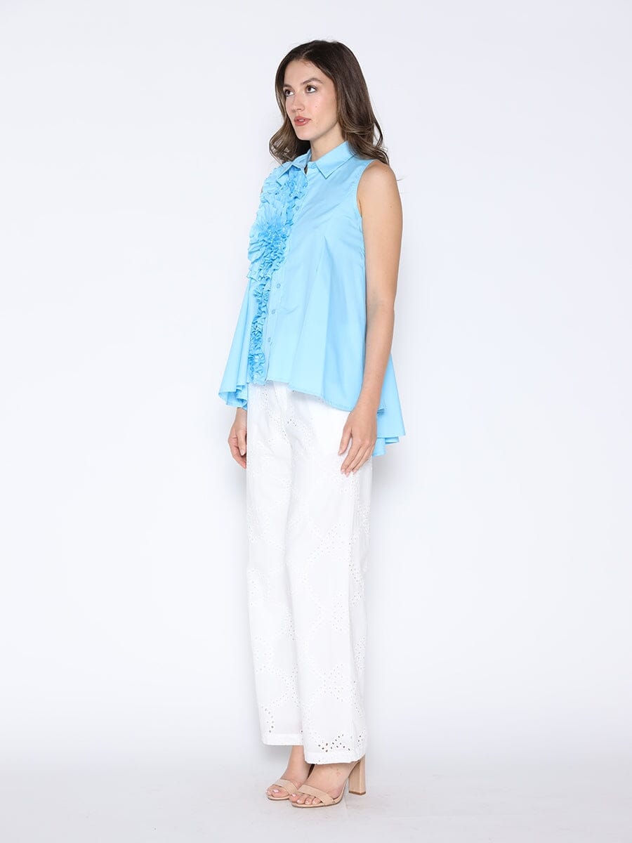 Ruffle Flower Applique Asymmetrical Hem Shirt TOP Gracia Fashion 