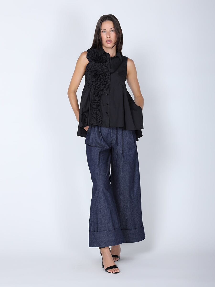 Ruffle Flower Applique Asymmetrical Hem Shirt TOP Gracia Fashion 