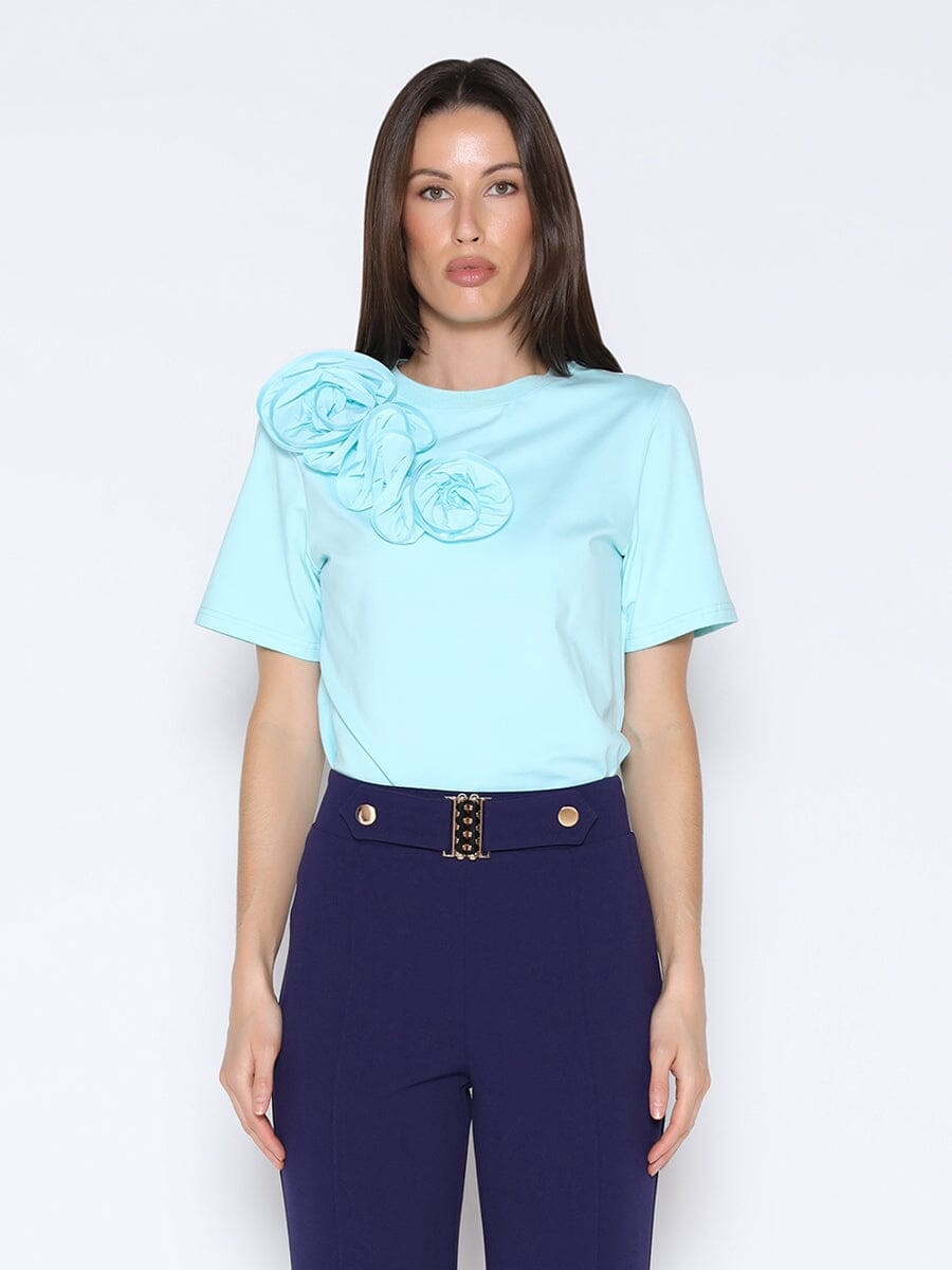 Ruffle Flower Applique Asymmetrical Hem Shirt TOP Gracia Fashion 