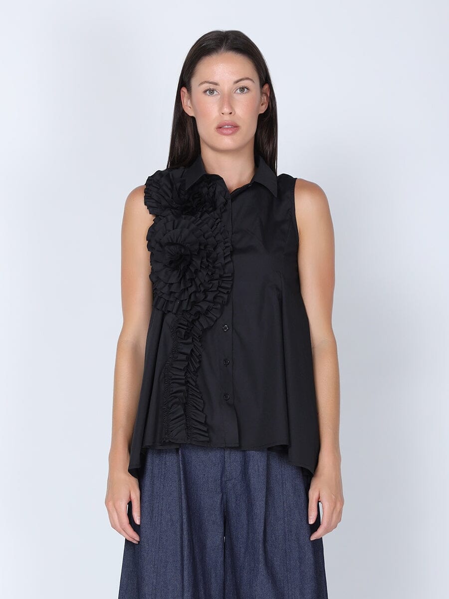 Ruffle Flower Applique Asymmetrical Hem Shirt TOP Gracia Fashion BLACK S 