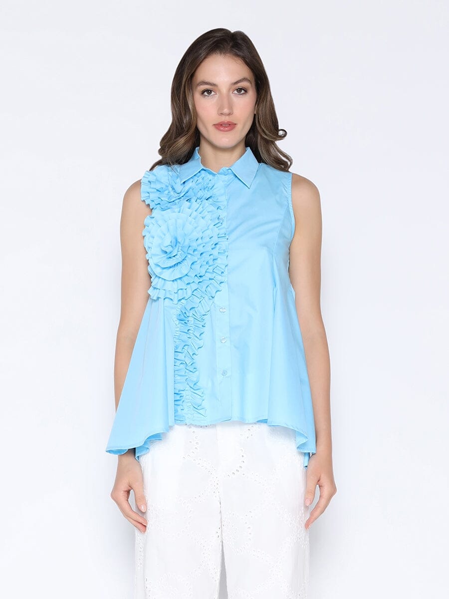 Ruffle Flower Applique Asymmetrical Hem Shirt TOP Gracia Fashion BLUE S 