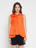 Ruffle Flower Applique Asymmetrical Hem Shirt TOP Gracia Fashion ORANGE S 