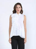Ruffle Flower Applique Asymmetrical Hem Shirt TOP Gracia Fashion WHITE S 