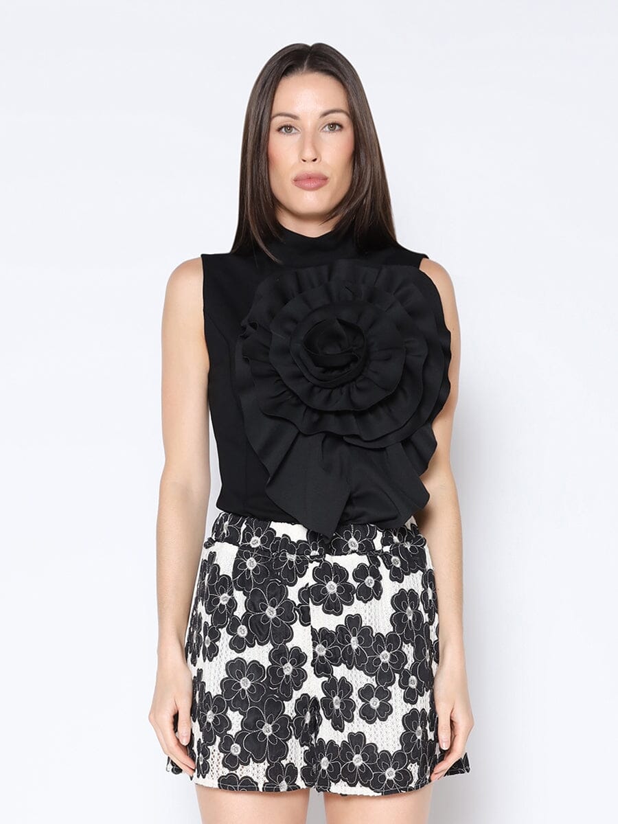 Ruffle Flower Detail Tank Top TOP Gracia Fashion BLACK S 