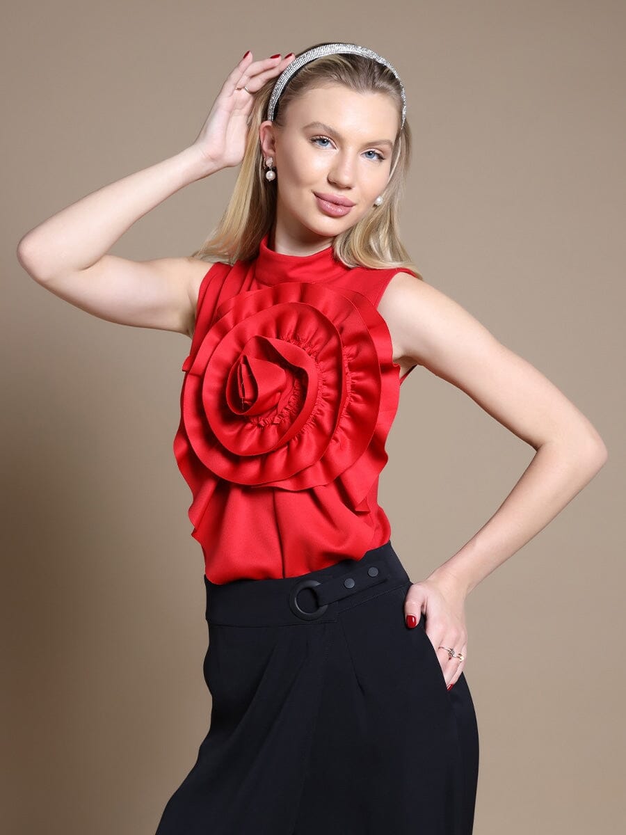 Ruffle Flower Detail Tank Top TOP Gracia Fashion RED S 