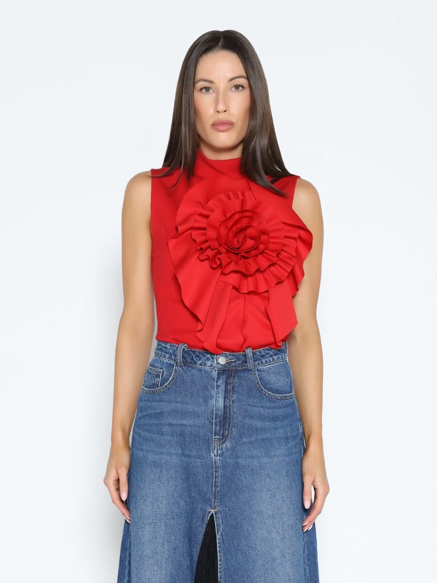 Ruffle Flower Detail Tank Top TOP Gracia Fashion RED S 