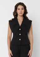 Ruffle Front Button Down Sleeveless Jacket JACKET Gracia Fashion BLACK S 