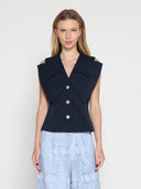 Ruffle Front Button Down Sleeveless Jacket JACKET Gracia Fashion NAVY S 